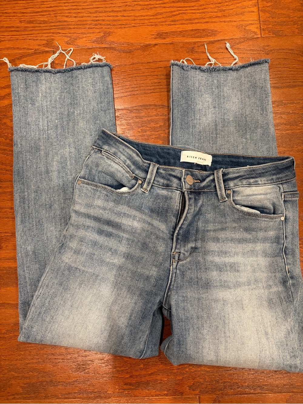 RIsen Light Blue Straight Leg Jeans with Frayed Hem
